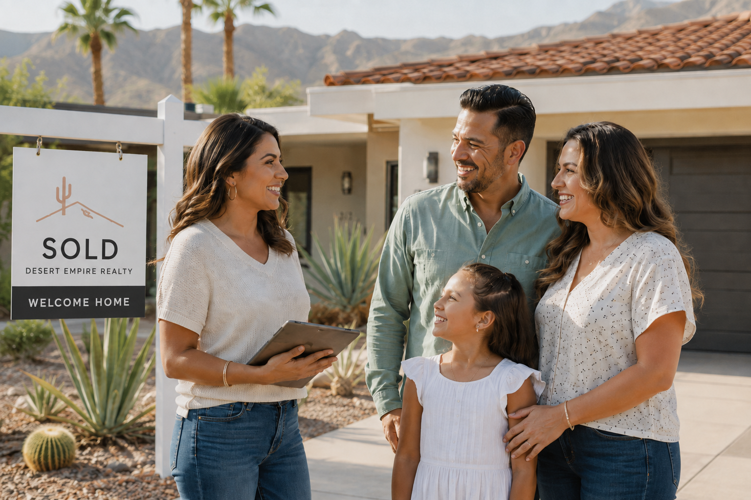 A family meeting with their real estate agent outside a desert home